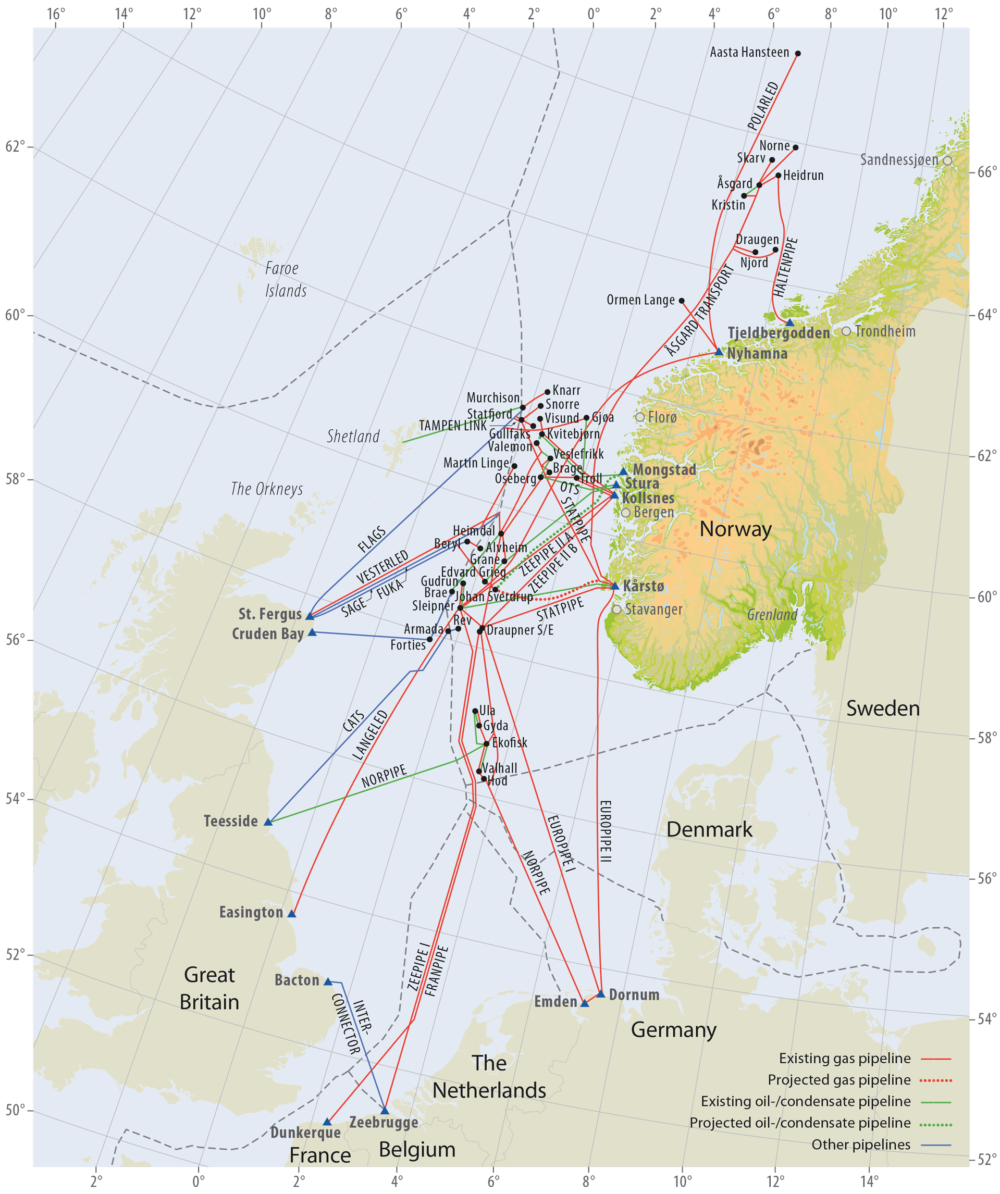 Source: The Norwegian Petroleum Directorate Oil, condensate and gas pipelines on the Norwegian Continental shelf