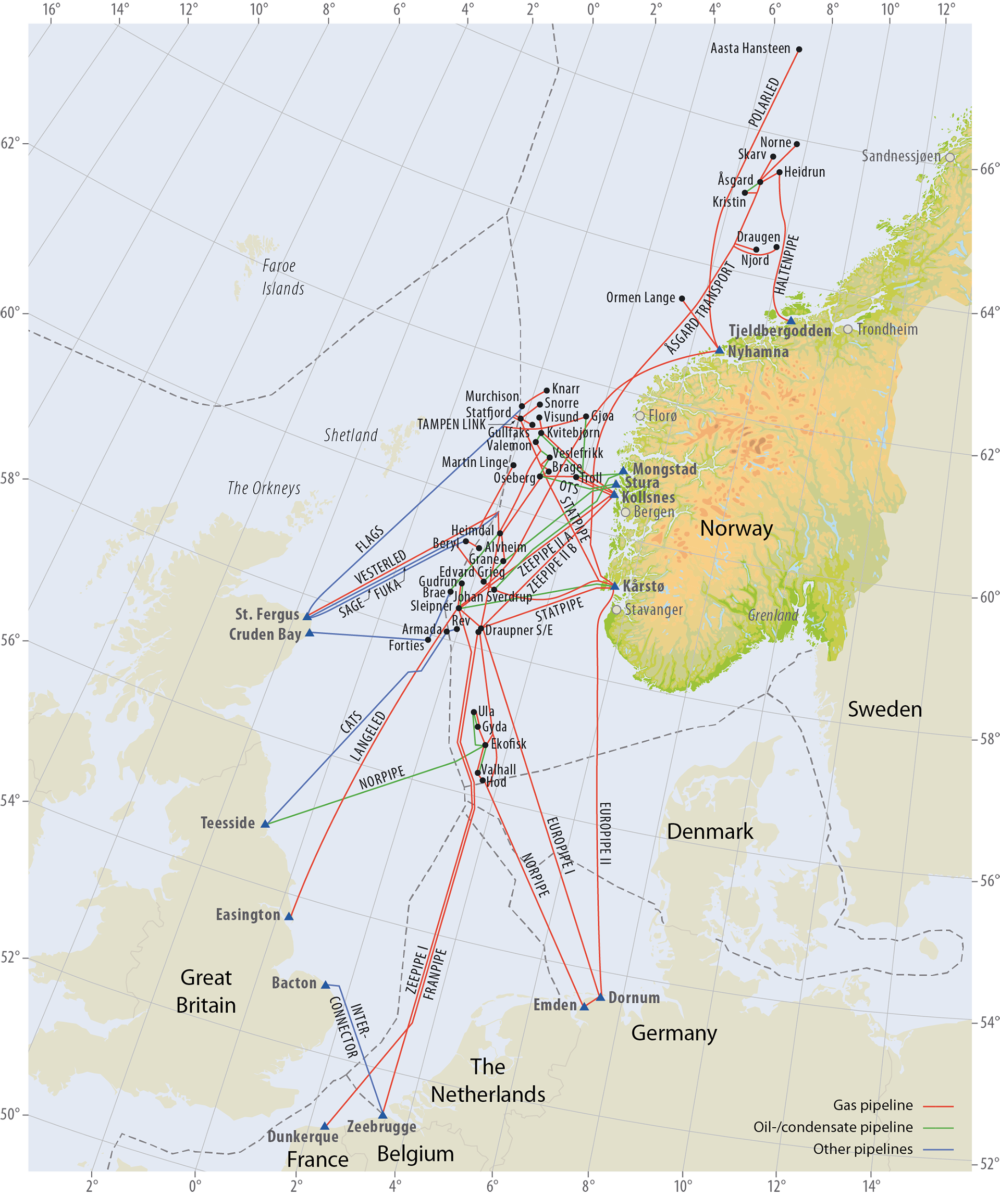 Source: The Norwegian Petroleum Directorate Oil, condensate and gas pipelines on the Norwegian continental shelf