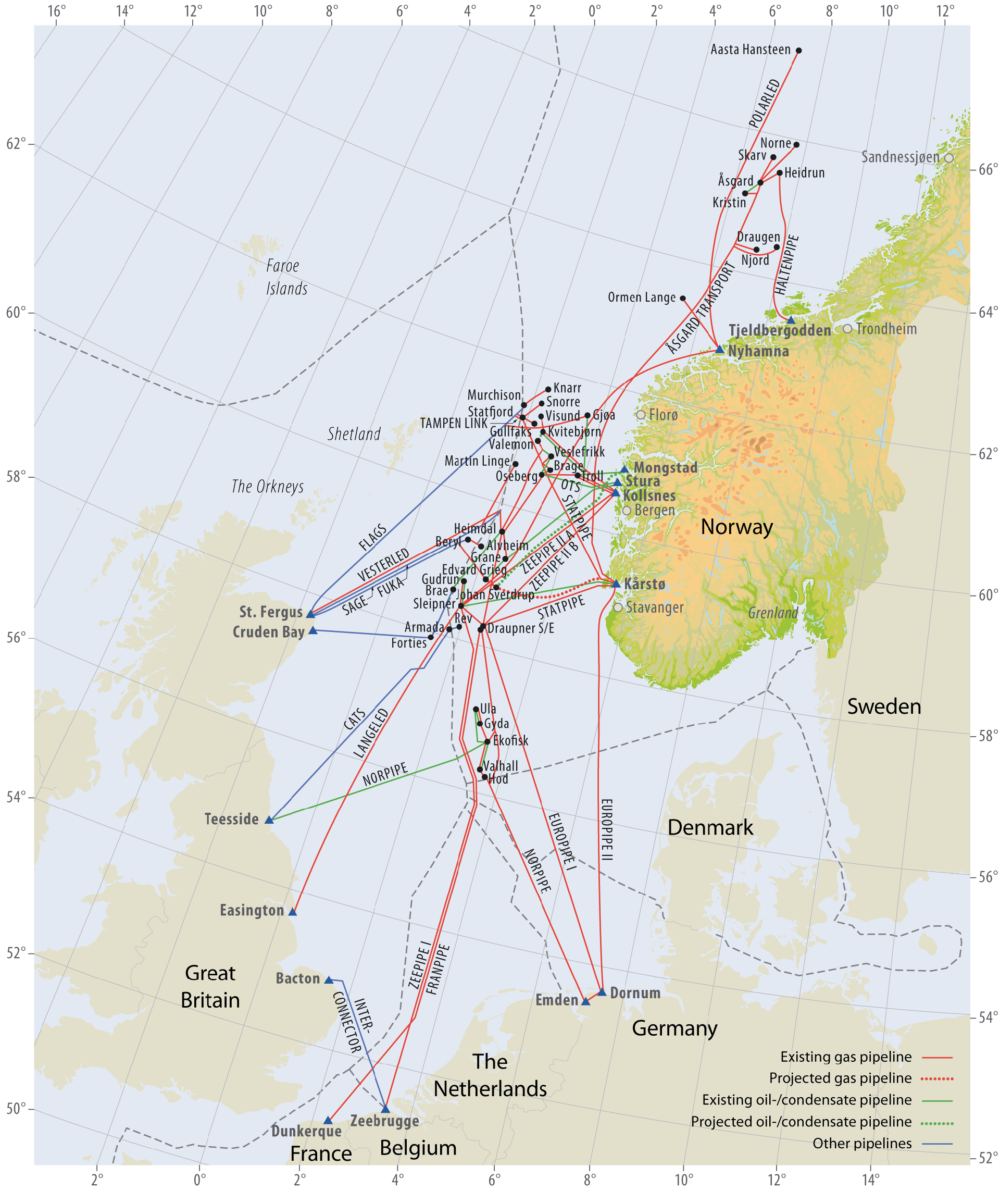 Source: The Norwegian Petroleum Directorate Oil, condensate and gas pipelines on the Norwegian continental shelf