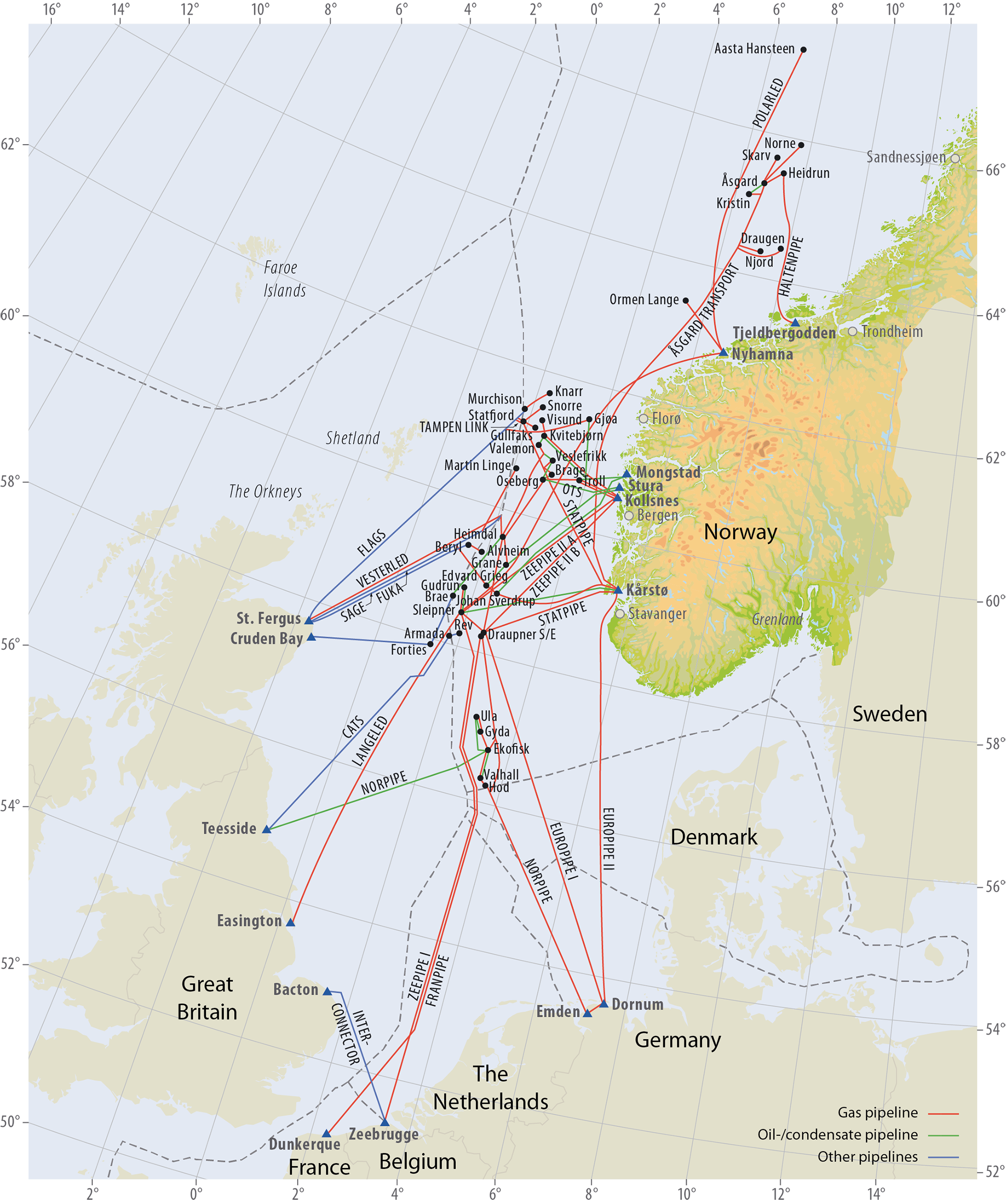 Oil, condensate and gas pipelines on the Norwegian Continental shelf