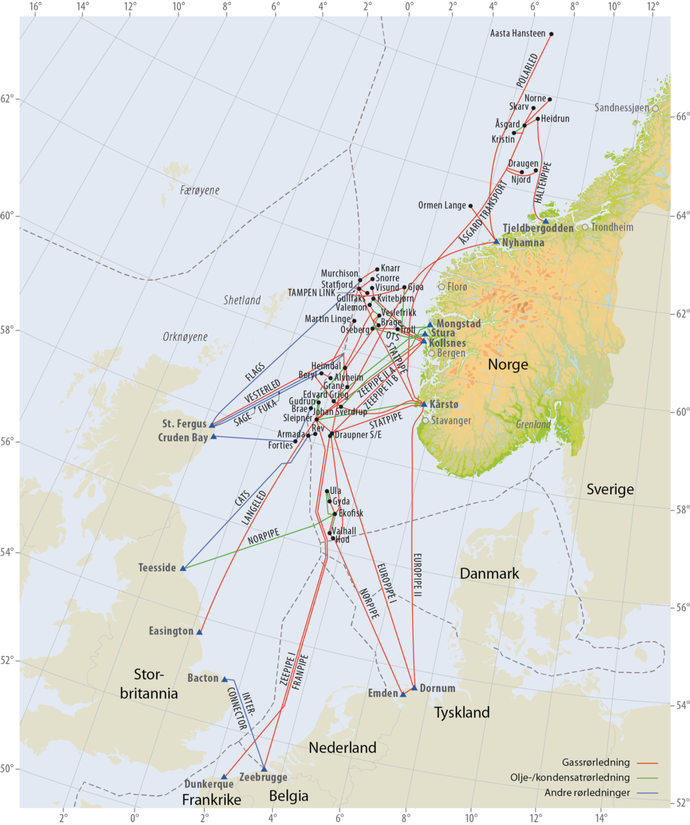 Olje, kondensat og gassrørledninger på norsk kontinentalsokkel